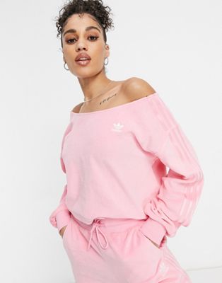adidas Originals 'Relaxed Risqué' velour off the shoulder sweatshirt in vibrant pink