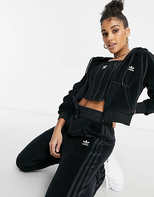 adidas Originals 'Relaxed Risqué' velour zip through hoodie-black