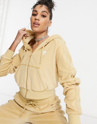 adidas Originals 'Relaxed Risqué' velour zip through hoodie in beige-Neutral