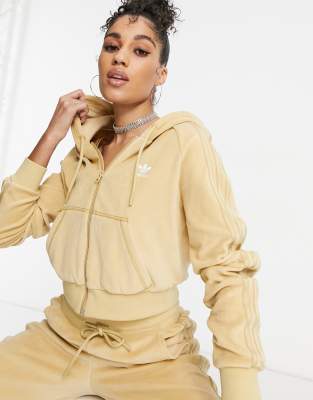 adidas Originals 'Relaxed Risqué' velour zip through hoodie in beige-Neutral