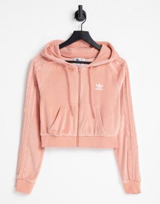 adidas Originals 'Relaxed Risque' velour zip through hoodie in blush-Pink