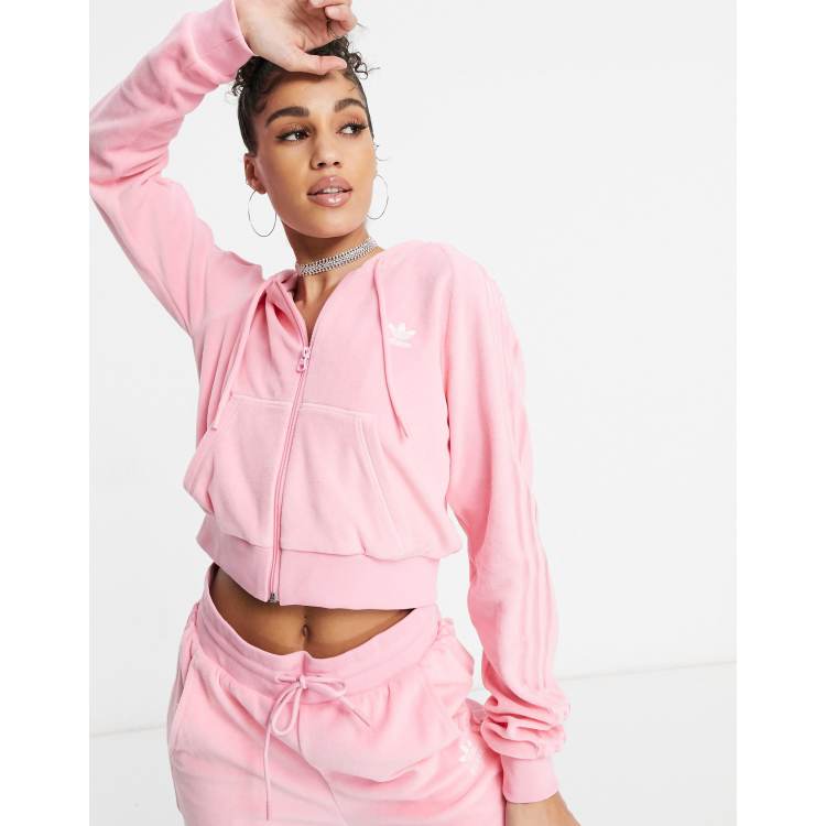 adidas Originals Relaxed Risqu velour zip through hoodie in vibrant pink