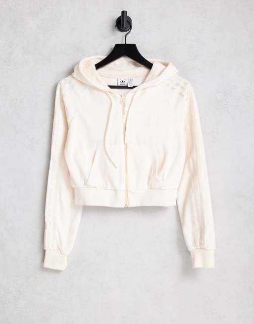 adidas Originals – Relaxed Risque – Welurowa bluza w kolorze złamanej bieli z kapturem i suwakiem 