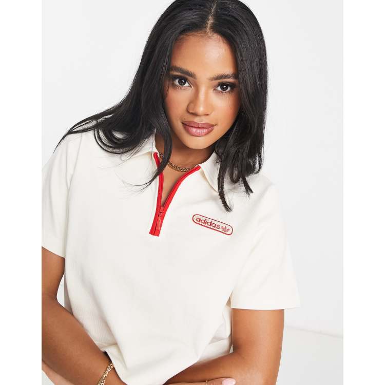adidas Originals resort cropped polo t-shirt in off white with red binding  detail | ASOS
