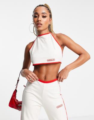 adidas Originals resort halter crop top in off white with red binding detail