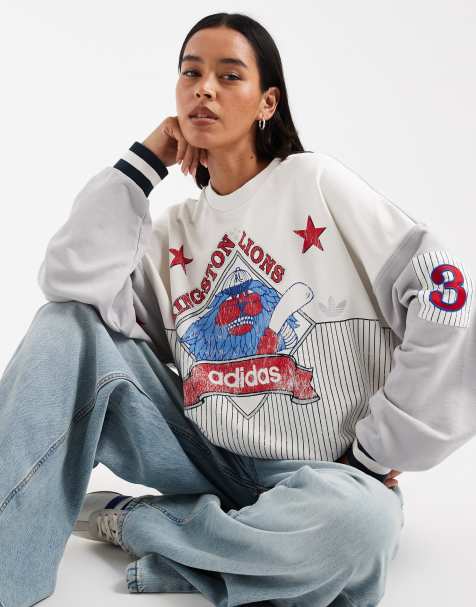 adidas Originals retro baseball graphic long sleeve crew in white - view 1