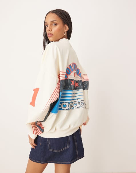 adidas Originals retro graphic long sleeve crew in cream