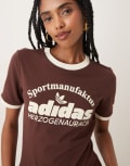 [adidas Originals] adidas Originals retro logo t-shirt in brown and white XS Auburn/Cream white