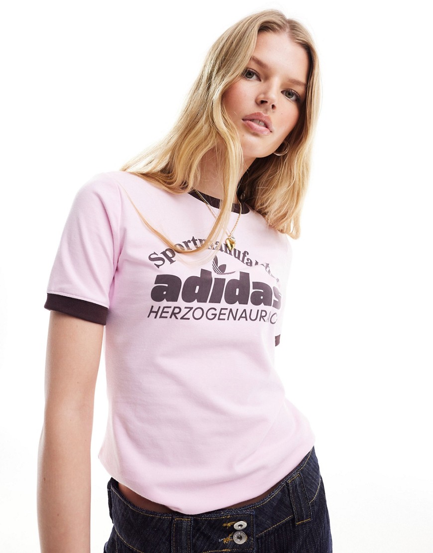 adidas Originals retro logo t-shirt in pink and brown