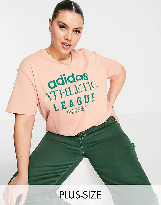 adidas Originals 'Retro Luxury' Plus slogan t-shirt in blush | ASOS