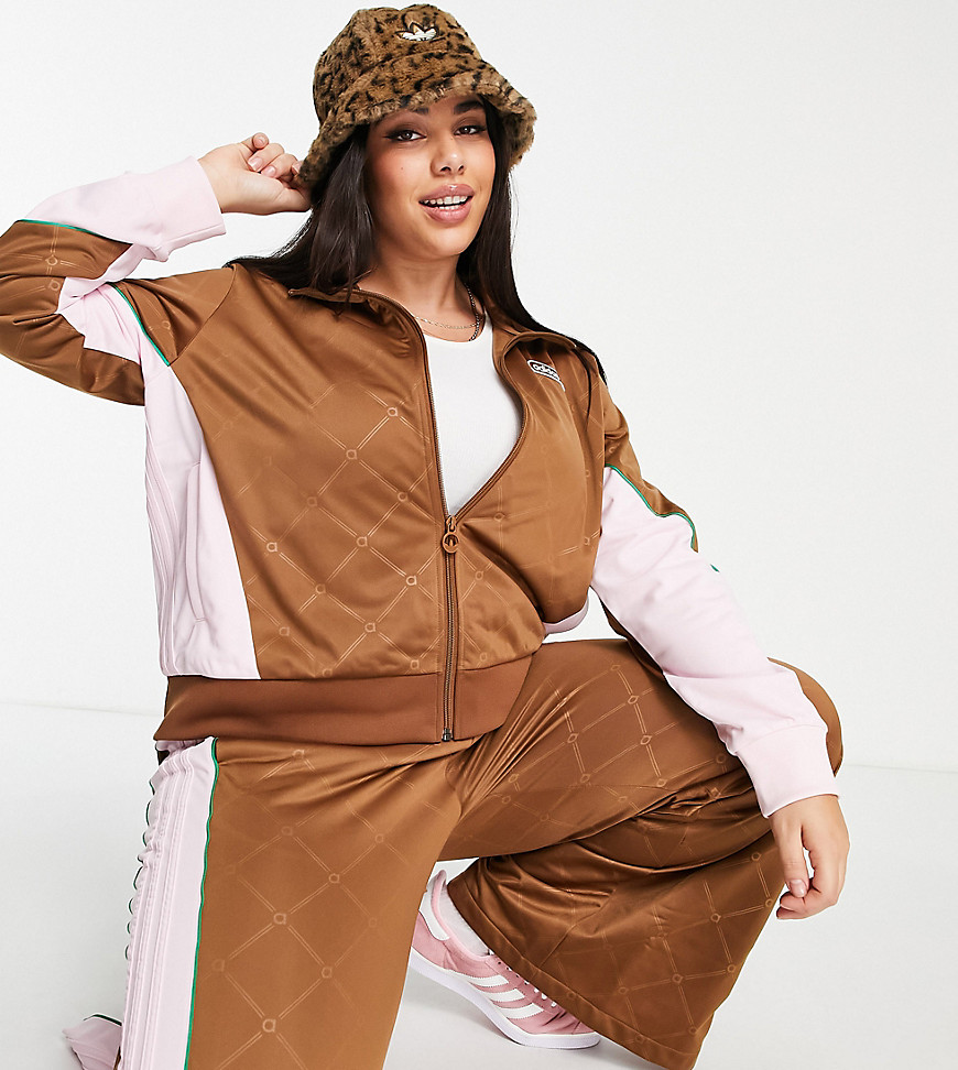 Adidas Originals 'Retro Luxury' Plus Track Jacket In Brown And Pink With Monogram Print