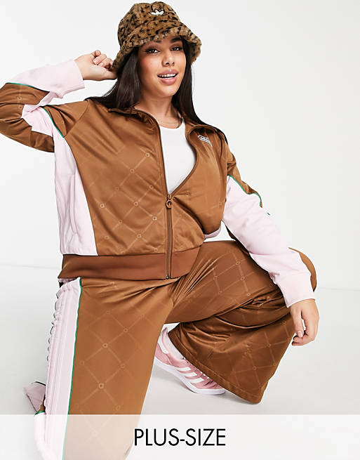 Women adidas Originals 'Retro Luxury' Plus track jacket  in brown and pink with monogram print 