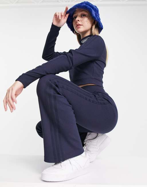 adidas Originals 'Retro Luxury' ribbed flared pants in deep navy