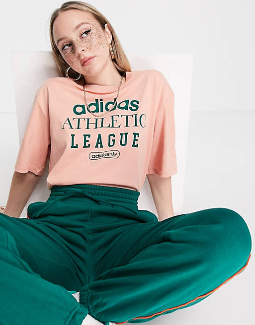 Women adidas Originals 'Retro Luxury' slogan t-shirt in blush 