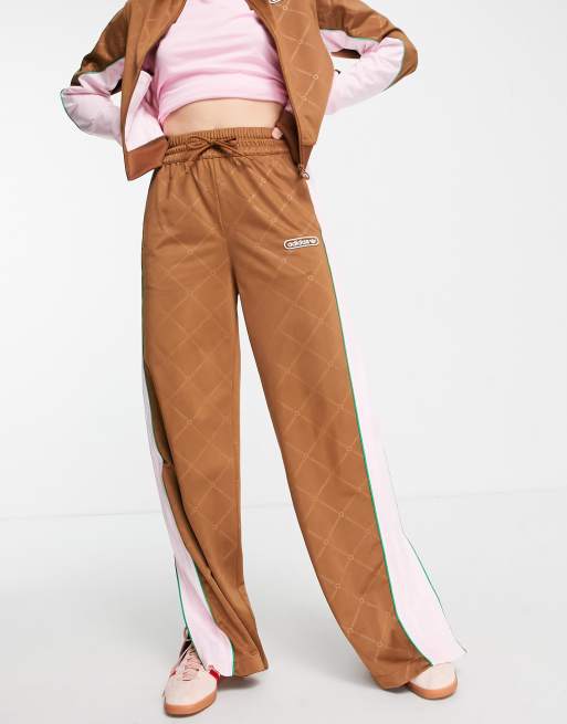 adidas Originals 'Retro Luxury' wide leg track pants in brown with monogram print