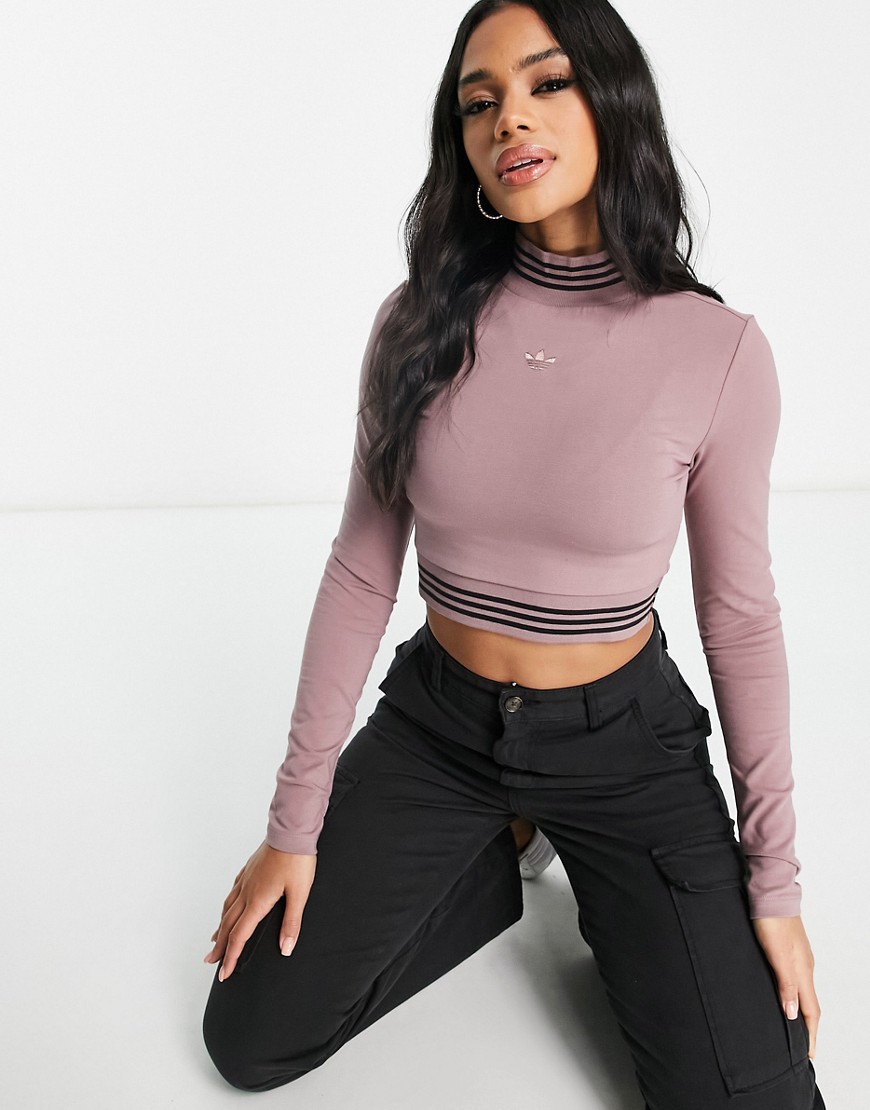 adidas Originals Retro Sport tape long sleeve cropped top in mauve-Pink
