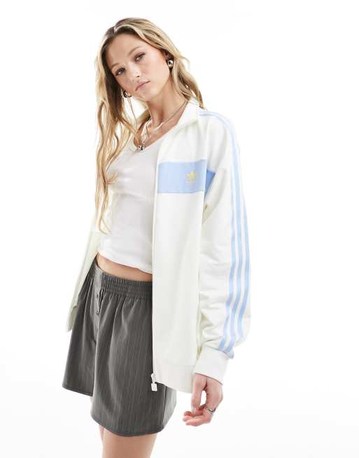 adidas Originals retro track jacket in off white and blue