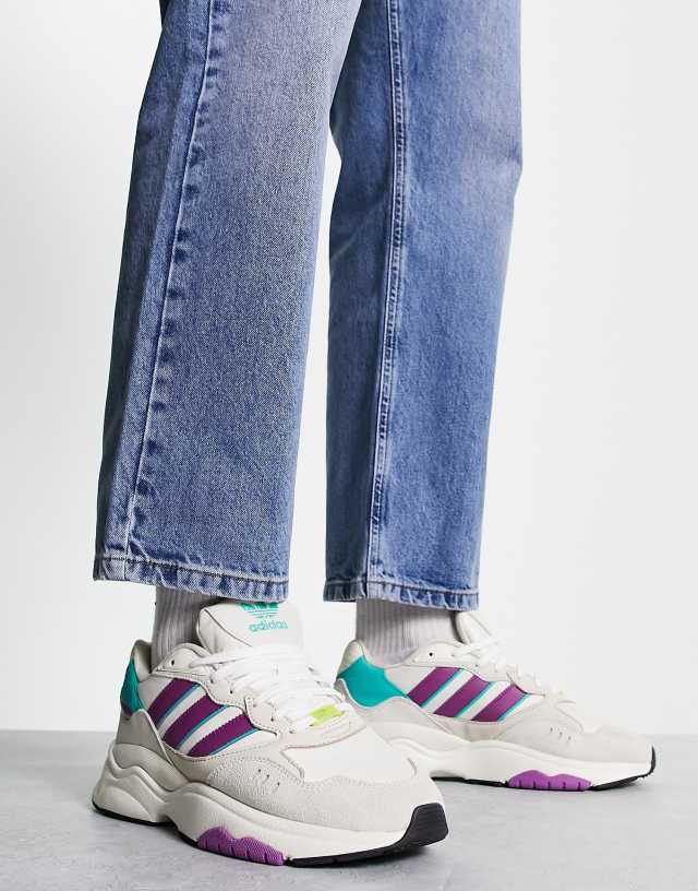 adidas Originals Retropy F90 sneakers in off white and purple