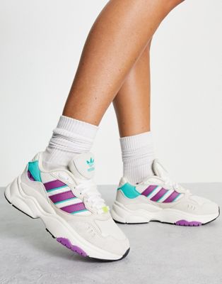 adidas Originals Retropy F90 trainers in off white with purple details