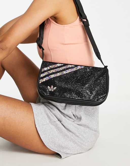 adidas Originals rhinestone trefoil shoulder bag in black