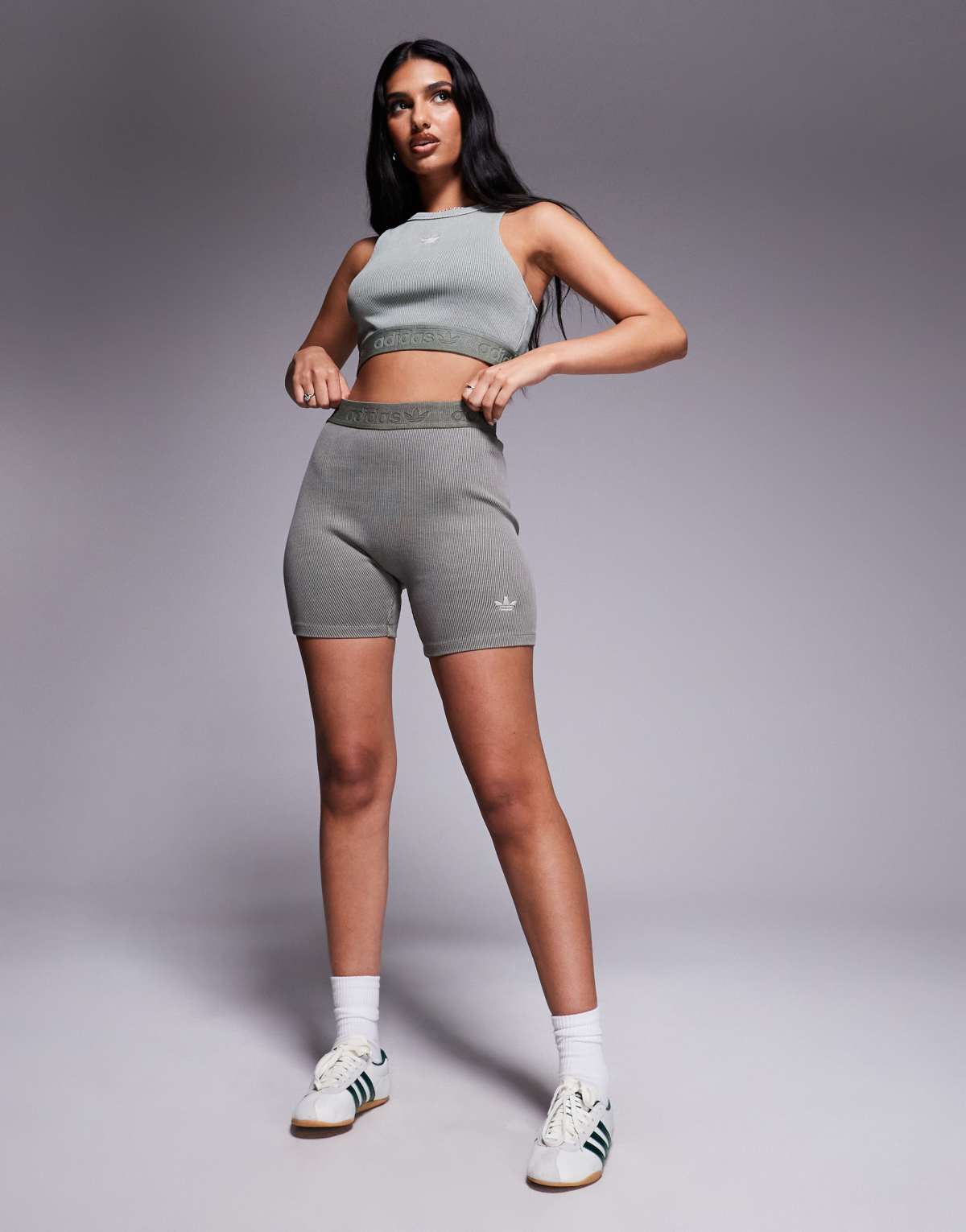 adidas Originals ribbed booty shorts in washed khaki