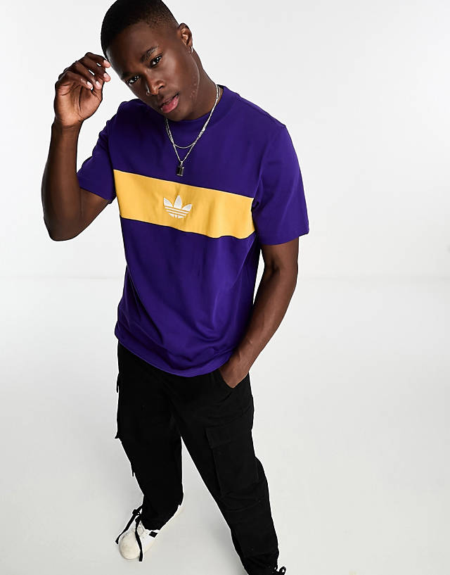 adidas Originals - rifta colourblock logo t-shirt in purple and yellow