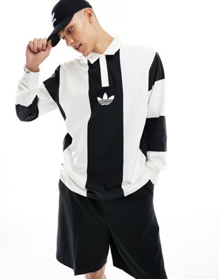 adidas Originals Rifta logo striped rugby polo in black and white