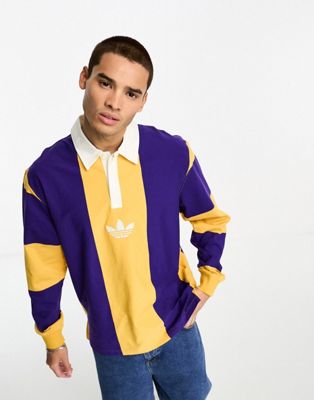 adidas Originals Rifta logo striped rugby polo in yellow and purple