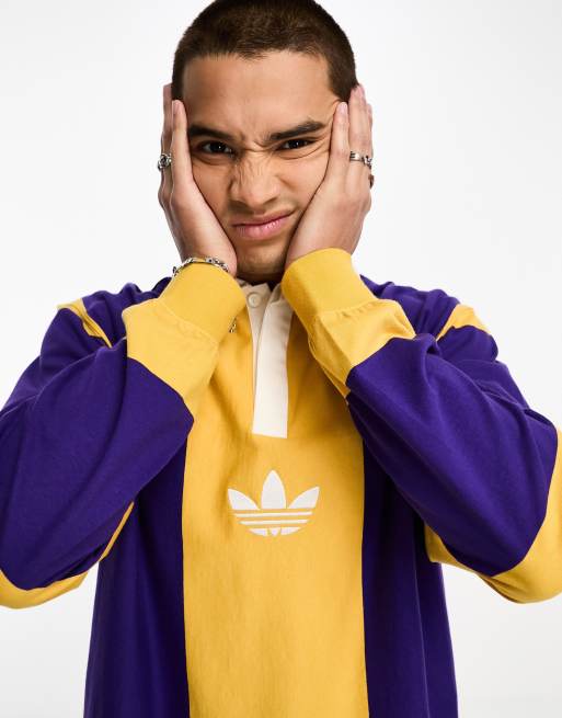 ◆adidas◆ Rugby Tee Yellow Purple adidas Originals Rifta logo striped rugby polo in yellow and