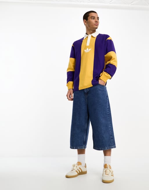 adidas Originals Rifta logo striped rugby polo in yellow and