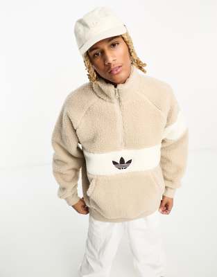 adidas Originals Rifta New York logo half zip teddy fleece in multi beige-White