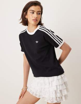 [adidas Originals] adidas Originals ringer t-shirt in black with 3-Stripes ruffle L Black 095A