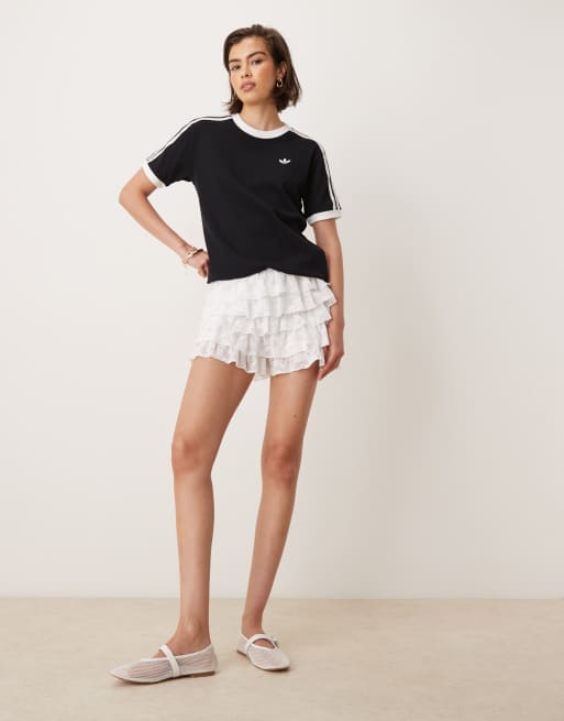 adidas Originals ringer t-shirt in black with 3-Stripes ruffle