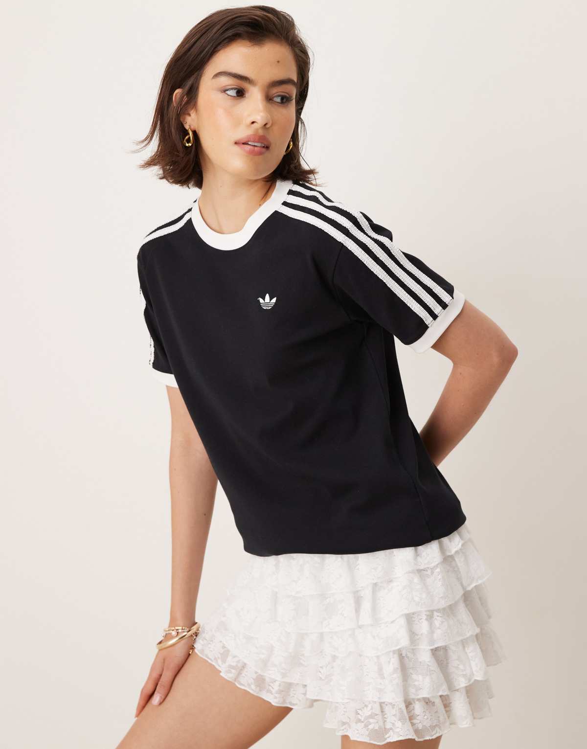 adidas Originals ringer t-shirt in black with ruffle 3 stripe