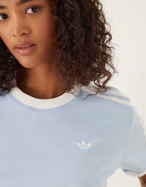 adidas Originals ringer t-shirt in blue with ruffle 3 stripe