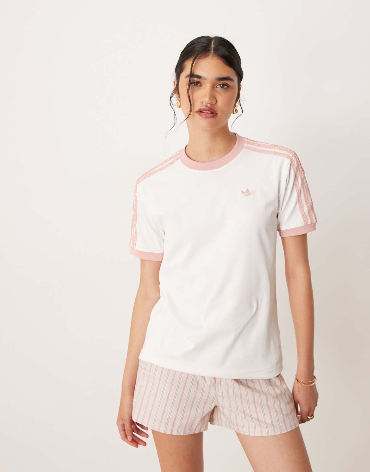 adidas Originals ringer t-shirt in cream with ruffle 3 stripe