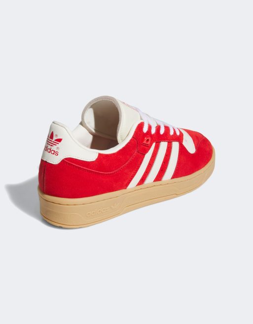 Adidas white shoes with red stripe best sale