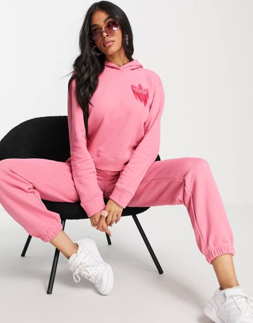 adidas Originals – Rosa huvtröja med fransar och treklöver