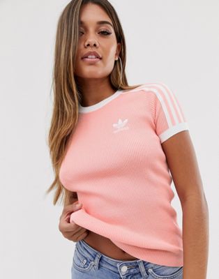 Adidas Originals – Rosa stickad t-shirt med tre ränder