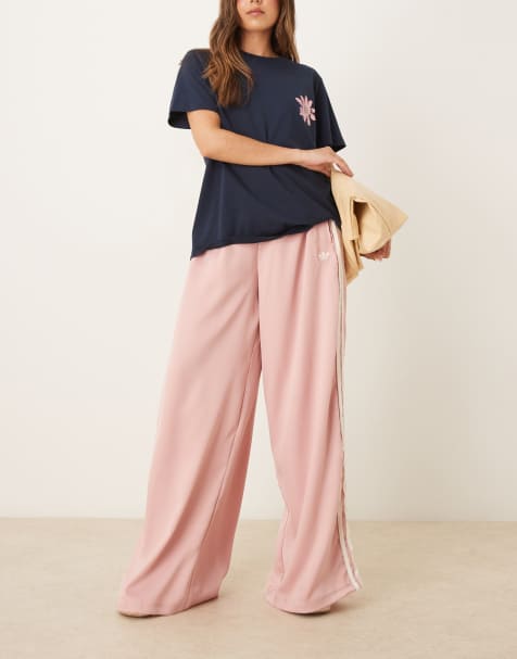 adidas Originals satin wide leg joggers in pink with ruffle 3 stripe