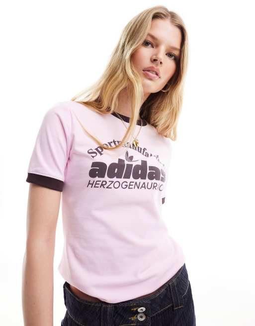adidas Originals – Różowo-brązowy T-shirt z logo w stylu retro