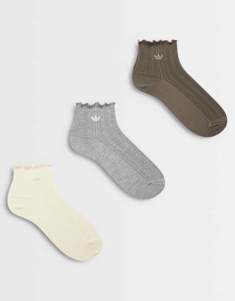 adidas Originals ruffle 3 pack ankle socks in neutral multi - view 1