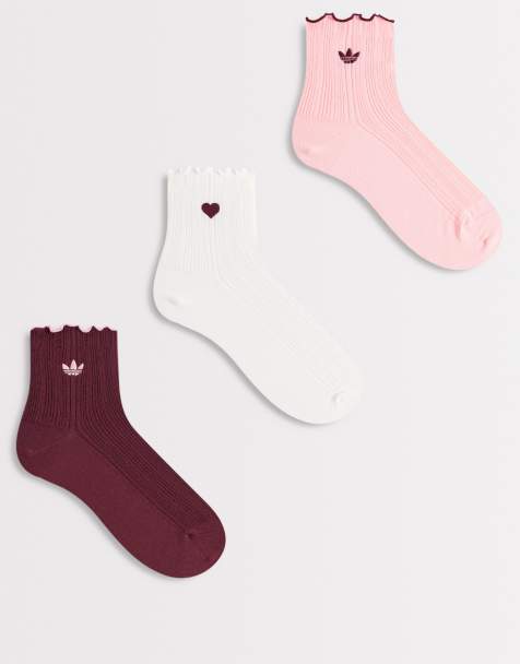 adidas Originals ruffle 3 pack quarter socks in pink and burgundy - view 1
