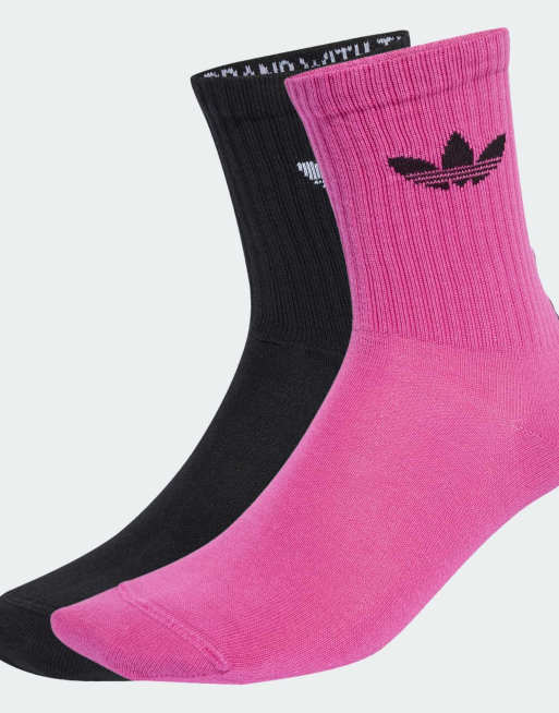 adidas Originals Ruffle crew socks 2 pairs in black / white / semi lucid fuchsia