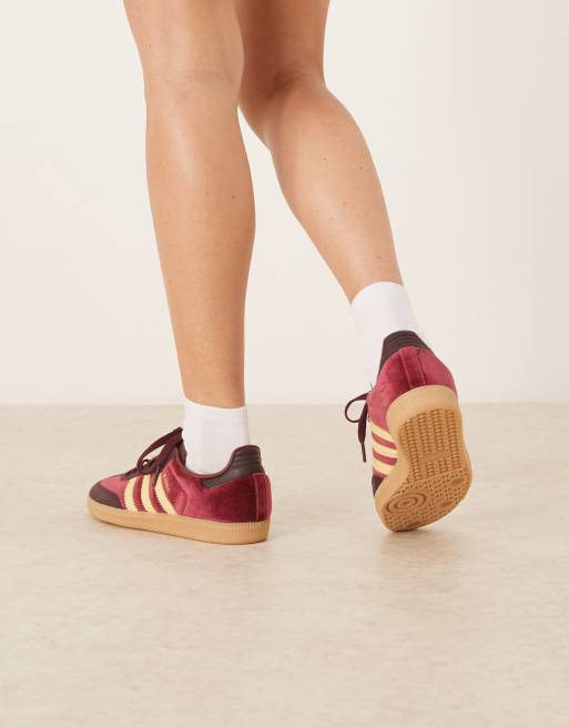 adidas Originals Samba OG sneakers in velvet burgundy and yellow