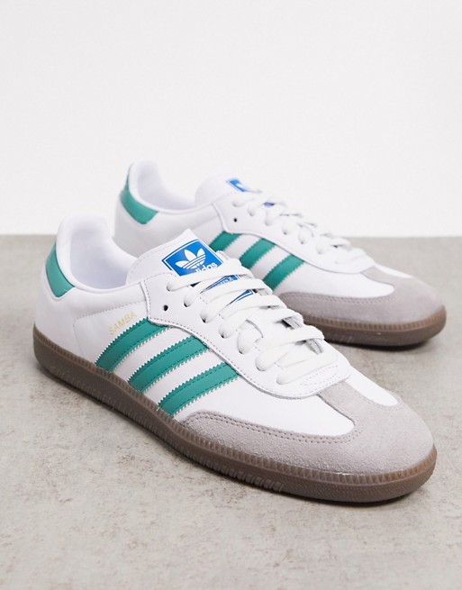 adidas Originals Samba OG trainers in white and green with gum sole