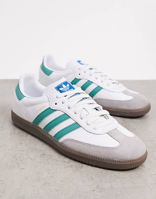 adidas Originals Samba OG trainers in white and green with gum sole | ASOS