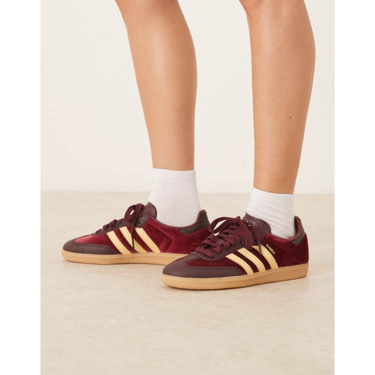 adidas Originals Samba OG velvet trainers in burgundy and yellow