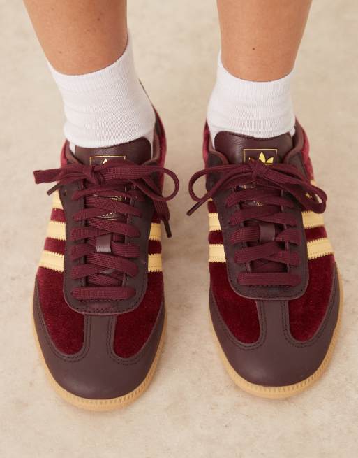 adidas Originals Samba OG velvet trainers in burgundy and yellow