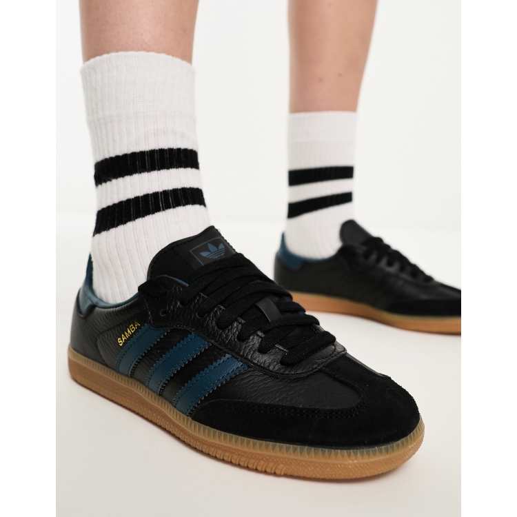 adidas Originals Samba sneakers in black and blue with gum sole